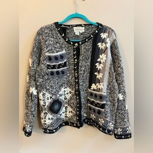 Jennifer Reed Vintage Hand Knit Button Up Snowflake Motif Sweater Cardigan Cardi
